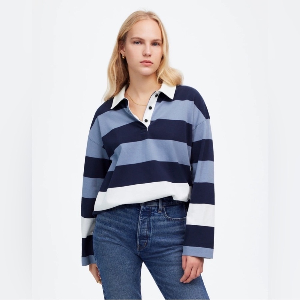 Madewell Navy, Light Blue & White Striped Rugby Polo